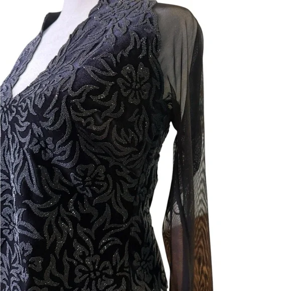 Tadashi Vintage Black Velvet Beaded Mesh Sleeve V-Neck Party Evening Top M - Picture 5 of 12